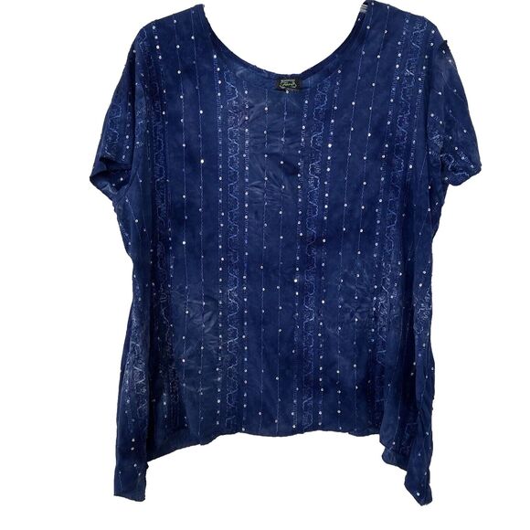 SHANNON FORD NEW YORK 3X Blue Stretch AB Sequin Short Sleeve Knit Top Tie Dyed - Picture 4 of 5